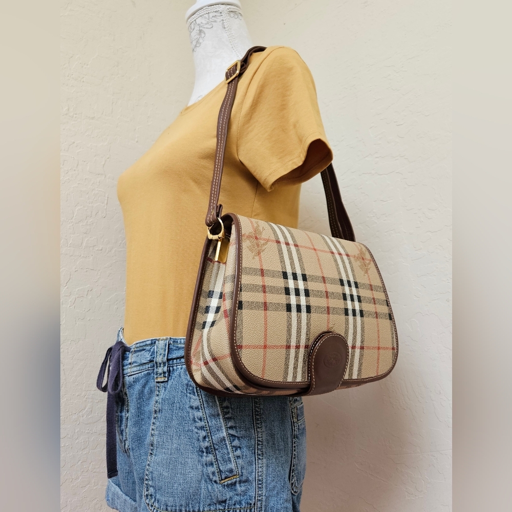 Burberrys Coated Canvas Nova Check Vintage Shoulder Bag AUTHENTIC